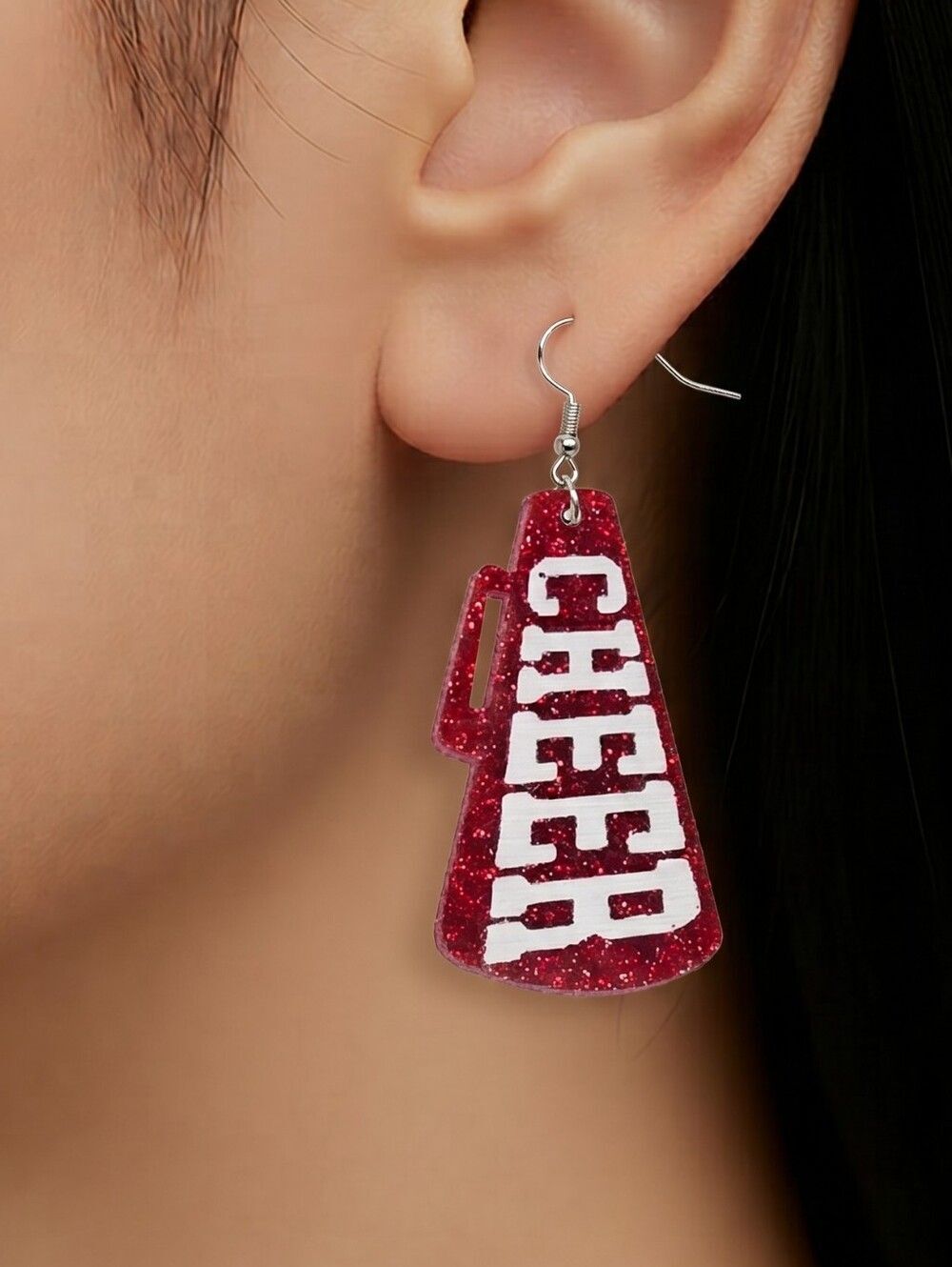 Red Glitter Cheer Megaphone Earrings 📣 School Spirit Cheerleader Glam Dangles